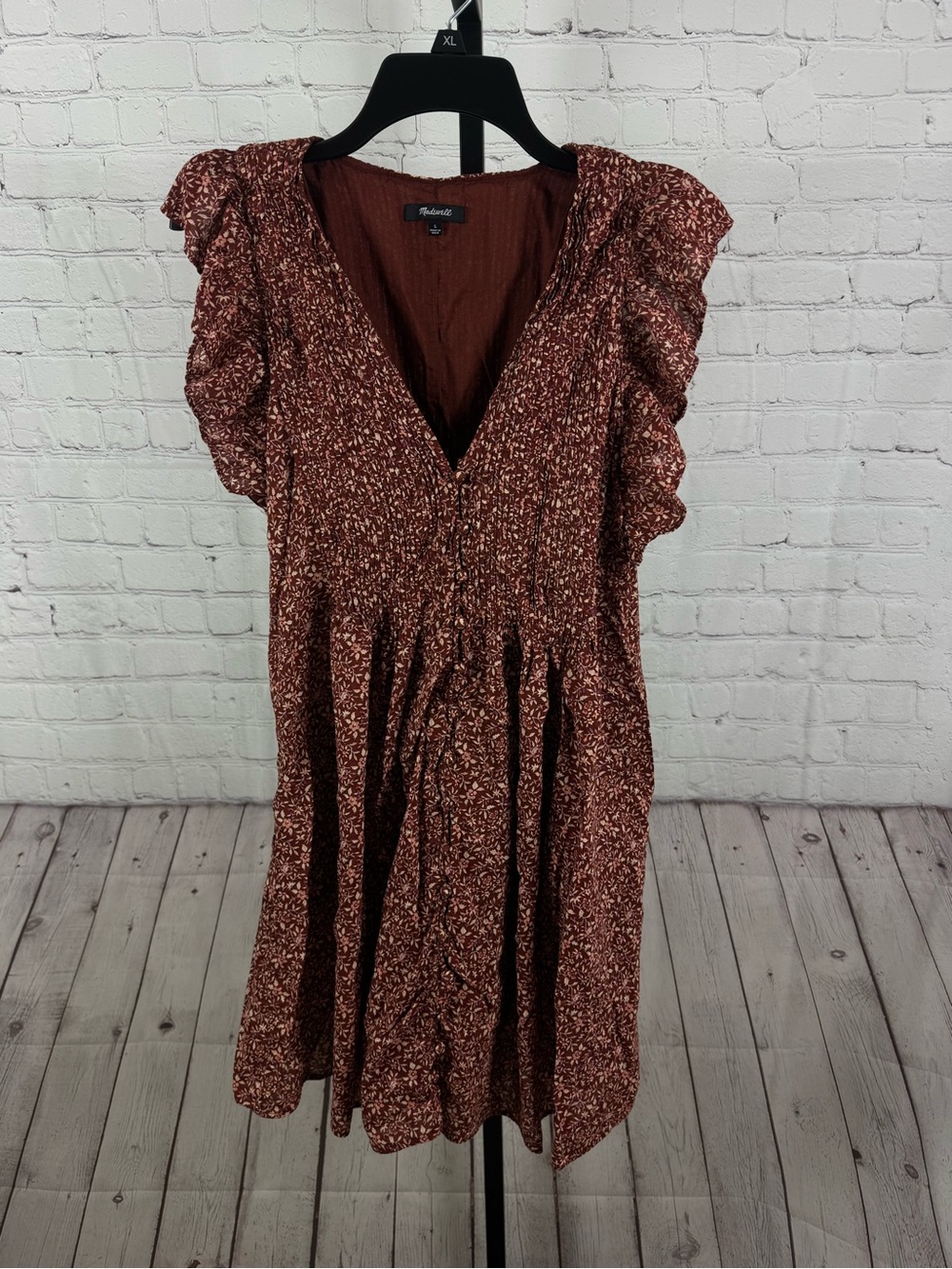 Madewell Florentine Floral Pintuck Mini Dress Rust Maroon Boho Size Large